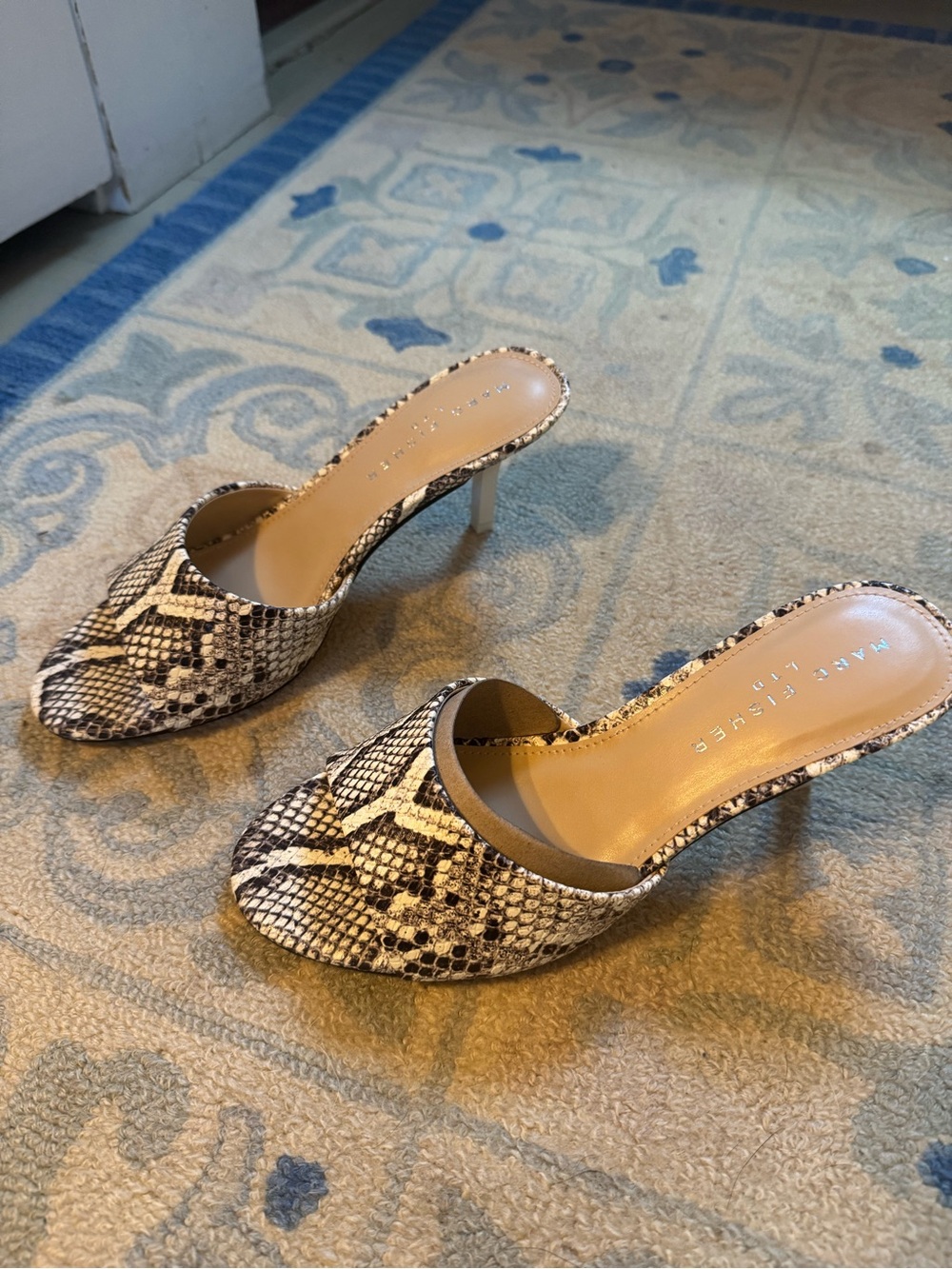 Marc Fisher Snake-Print Open-Toe Mule in Beige and Black